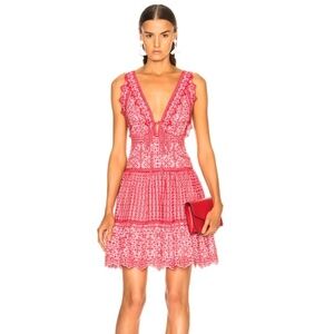 SIMKHAI Red Stripe Eyelet Gathered Mini Dress
